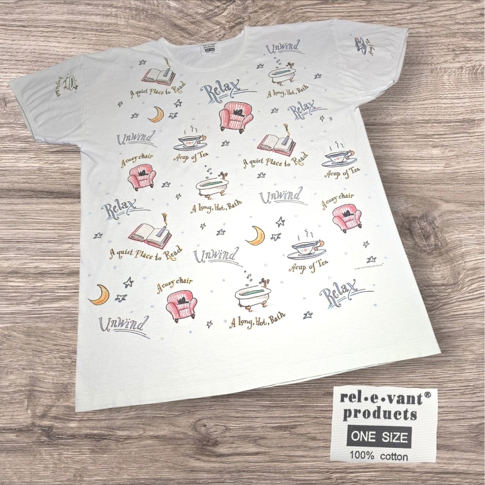 VTG Relevant Products Nightshirt Womens Vintage 90s Relax Unwind Print White OS